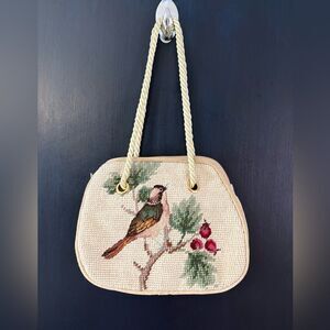 Vintage artisan hand needlepoint bird boho mini bag soft velvety backside